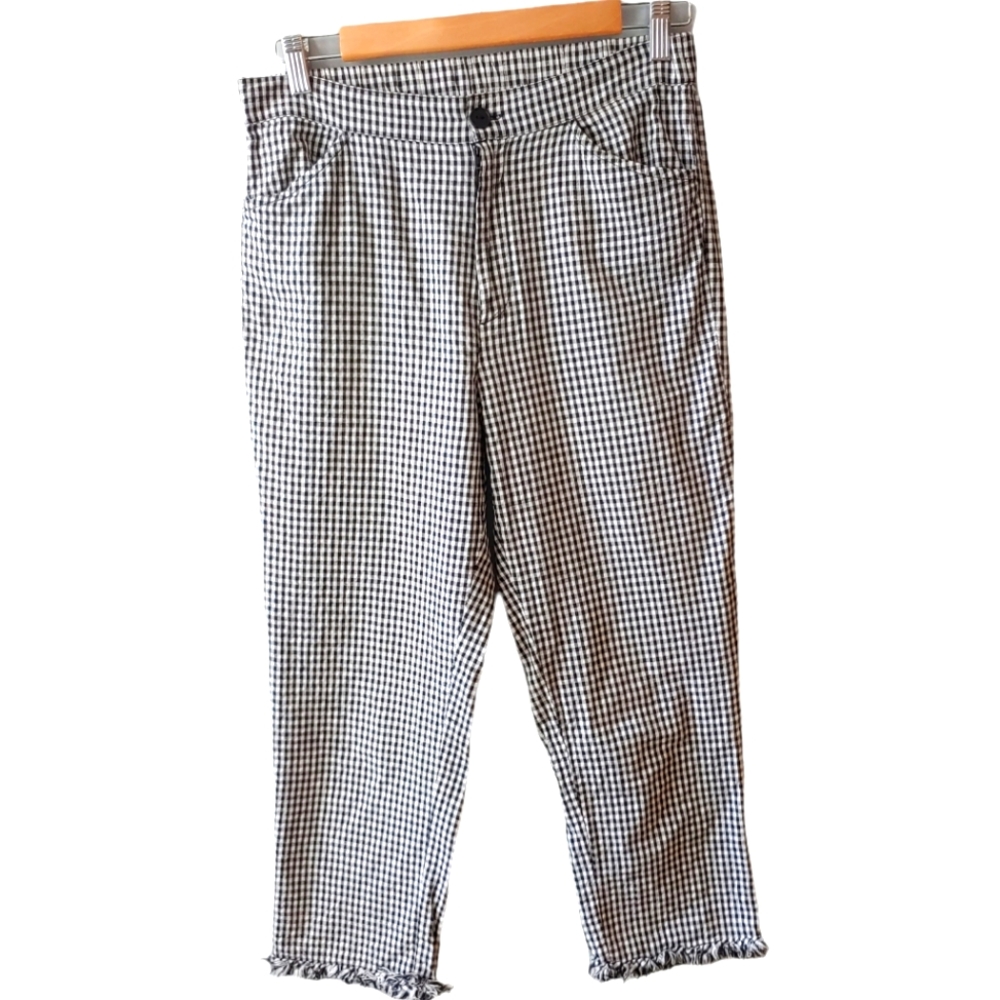 Zara Trafaluc Black and White Gingham Checked Pants with Fringe Hems Size S